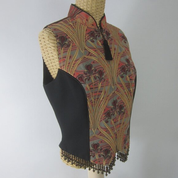 Vtg TAPP New York Womens M Black Gold Red Asian Iris Floral Zip Vest Lace Beaded - Picture 2 of 13